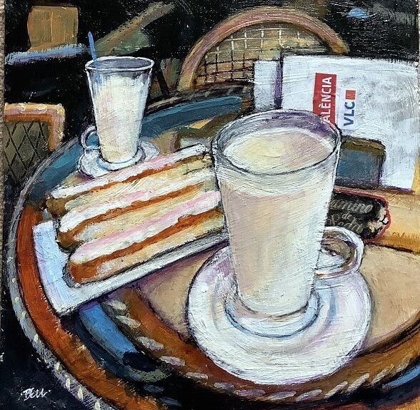 Harry Bell, Horchata for Two -mixed media 9"x9"