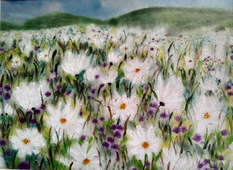 98 Daisy Meadow -painted on satin by Sheila Lewis