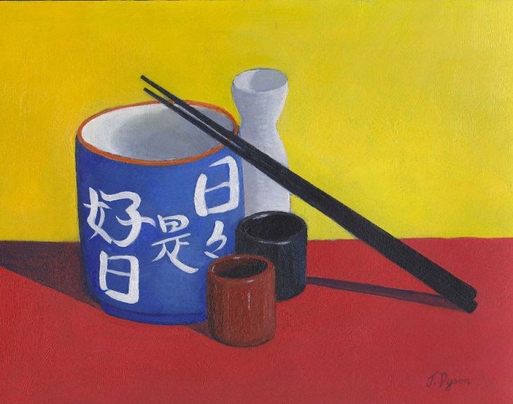 Still Life with Sake Cups, oil by Jenny Dyson