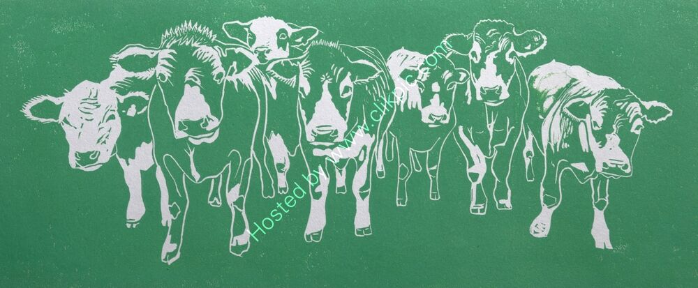 Green cows - lino print