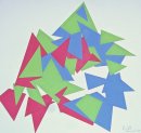 Title:- "ARBITRARY RED BLUE & GREEN ARRANGEMENT" - Medium:- acrylic painted card cut-outs collaged - Size:- H62 x W 68 cm - Price:- on application