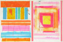 Title:- "HORIZONTAL ORANGE SQUARED PINK" - 2012 - watercoloue, gouache, pastel, pen & ink - Size:- W48 x H32 - SOLD