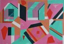 Title:_ "SIX ARRANGED SHAPES WITH RED" - Medium:- Acrylic Paint on Primed Paper - Size:- H44 x W61.5 - Price:- on application
