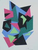 Title:- " VERTICAL PAINTED CUT-OUT COLLAGE" - Medium:- acrylic painted card cut-out collage - Size:- H70 x W47 cm - Price:- on application