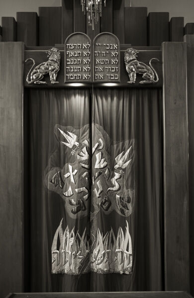 Holy Ark with curtain, Ten Commandments, Lions of Judah, and Eternal Light (Ner Tamid)