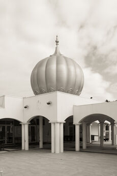 Side view of Gurdwara and prominent golden dome