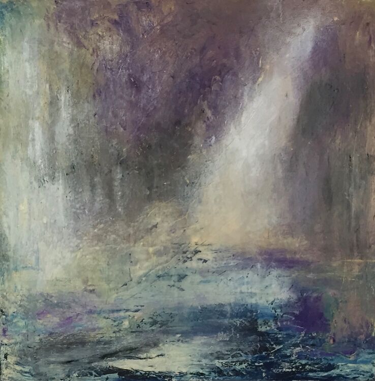 This mystical abstract painting by Ghislaine Beeson is in shades of blue, purple and grey.