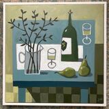 Blue Table with Wine and Pears