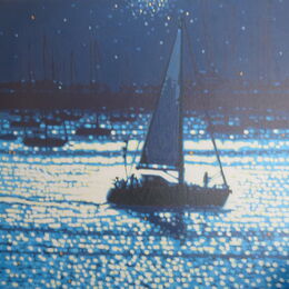 A yacht sails out to sea in bright morning sunshine