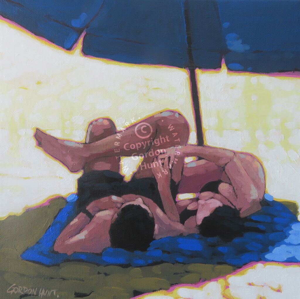 a couple under an umbrella on the beach, look at the ring