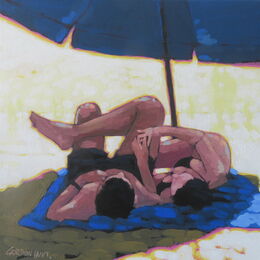 a couple under an umbrella on the beach, look at the ring