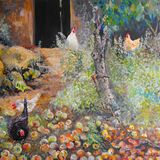 Chickens with fallen apples