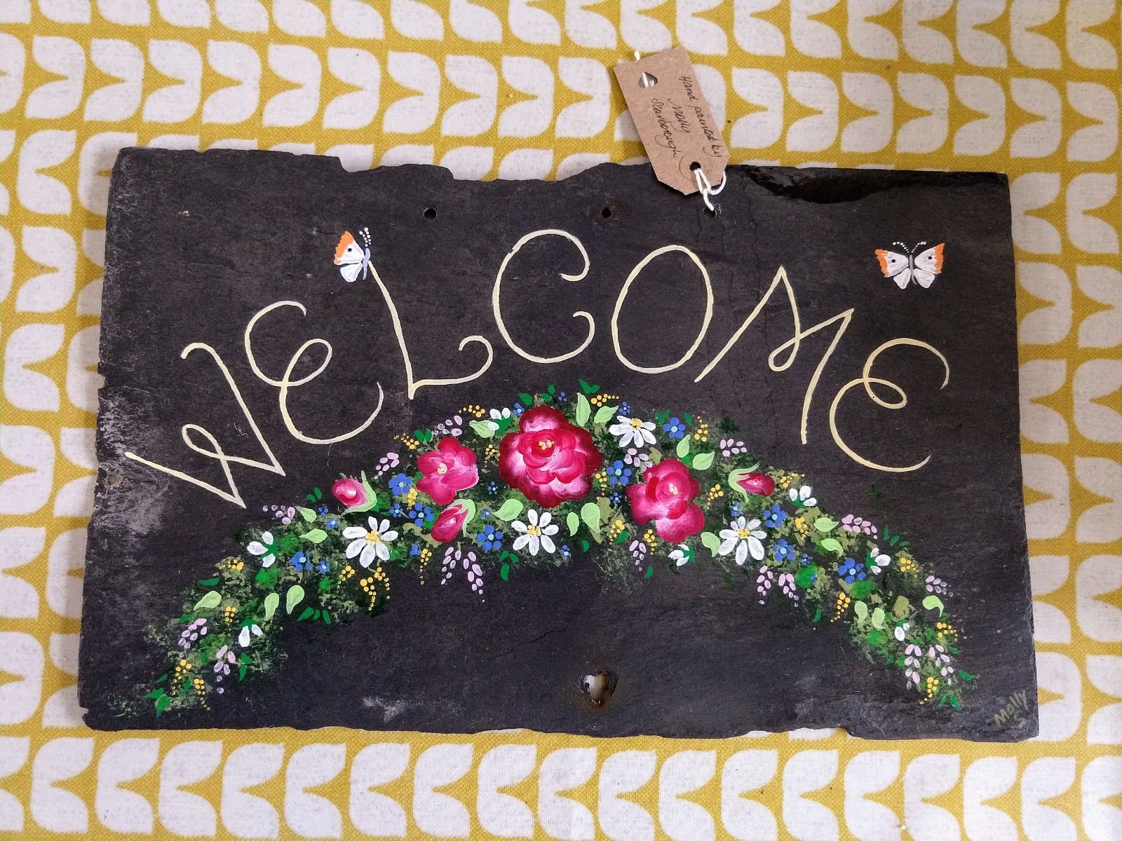 slate upcycled repurposed decorative wall art welcome hand painted