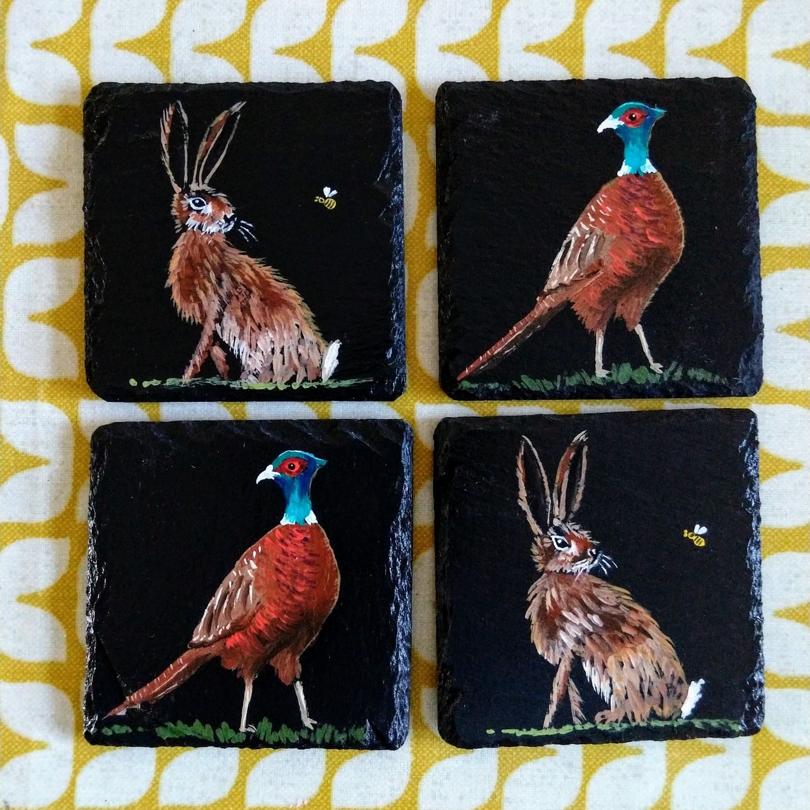 slate coasters painted pheasant hare hand-painted
