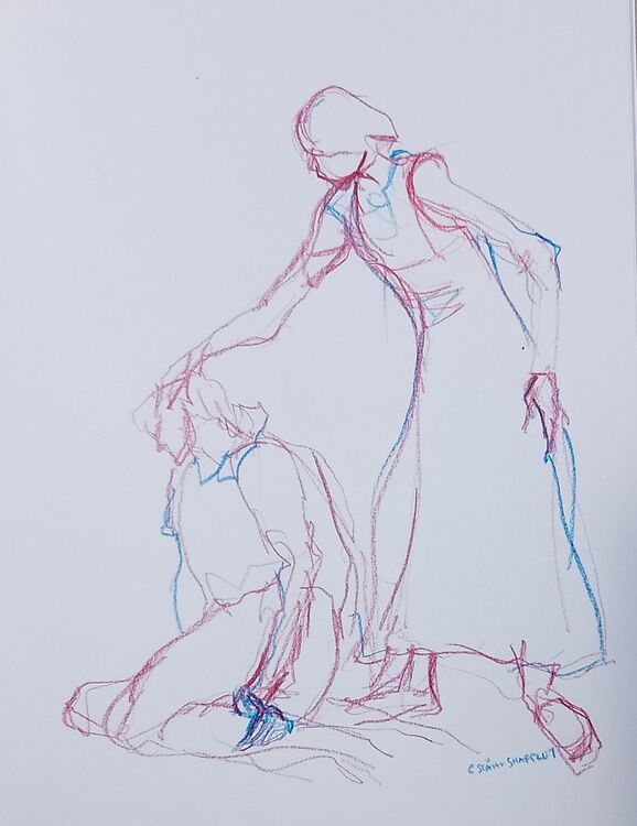 27 May 2026. A gentle musing to support my next big oil painting drawn on A4, slightly cropped.  A musing perhaps, however, I always regard everything I do as the finished article;  each line, brush stroke etc is equal in value.  Just my opinion of course!