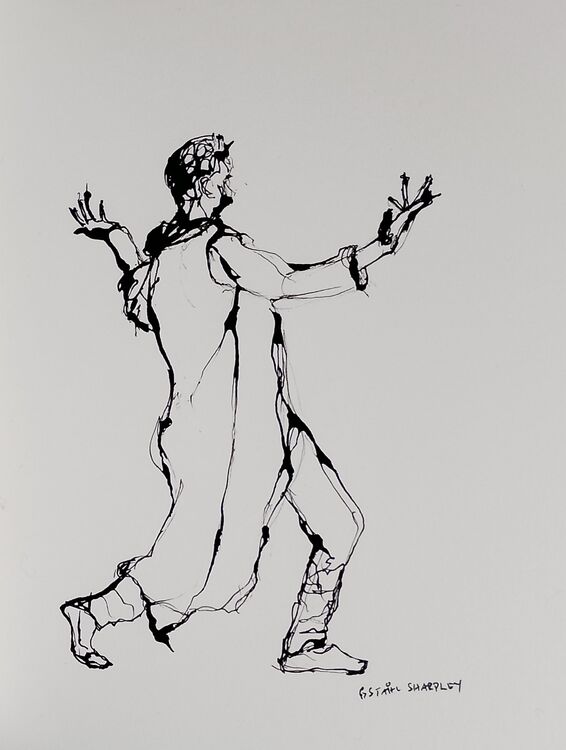 6 March 2026.  Archival, ink on A4 paper.  I have been experimenting with my glass nib dip pen.  I used a not very absorbent paper and I love the way the ink has pooled.  It is a bit like a stained glass.