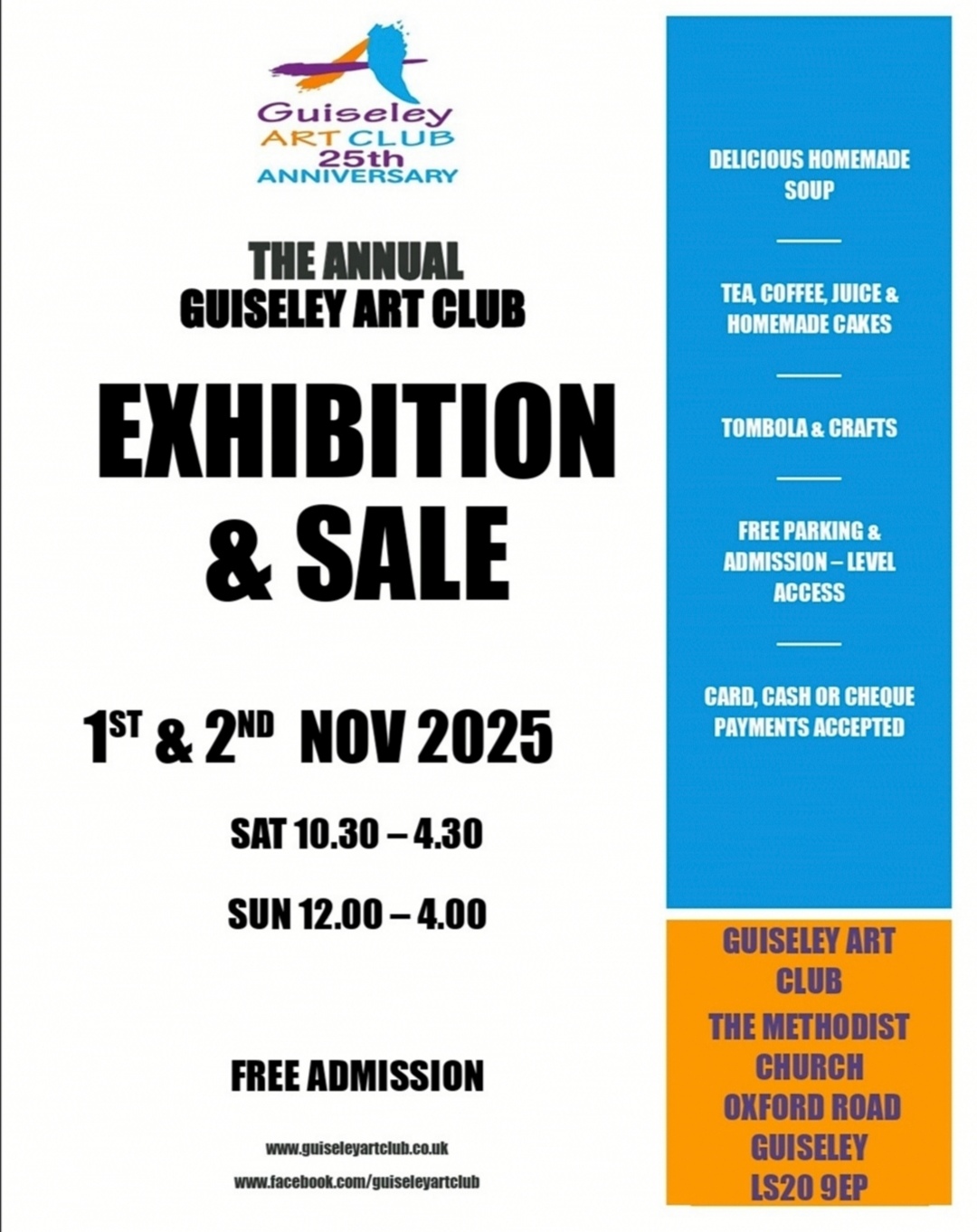 Our Annual Exhibition will take place on Saturday 1st November & Sunday 2nd November 2025 at Guiseley Methodist Church. See Poster for more details. 