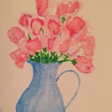Sweet peas in a blue jug for a birthday card