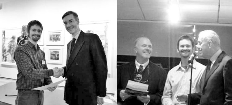 Jacob Rees-Mog presenting the Frank Herring Award and Giles Brandreth presenting the Menena Joy Schwabe Award, Mall Galleries, London