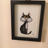 BLACK AND WHITE CAT - ORIGINAL FRAMED WATERCOLOUR