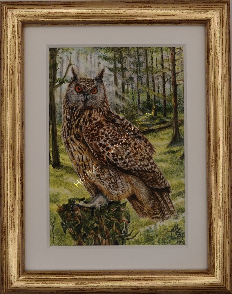 Eurasian Eagle Owl' '. A watercolour painting on vellum, measuring 4 inches by 3 inches Exhibited at the Royal Miniature Society's 2025 exhibition