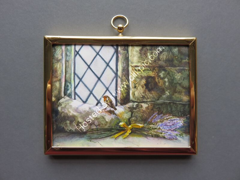 'Remember Me' watercolour on paper 6.8 cms x 8.7 cms in a gold gilded frame. AWARDED ''BEST PAINTING BY A FIRST TIME ENTRANT AWARD' BY THE MINIATURE ART SOCIETY OF FLORDA in their January 2022 exhibition.