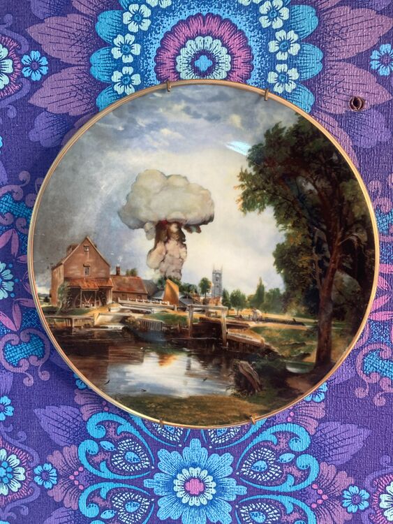 Mushroom Cloud over Mill and River vintage plate