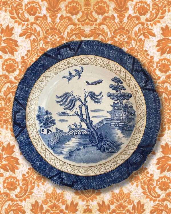 Vintage Willow Pattern plate with easyJet plane