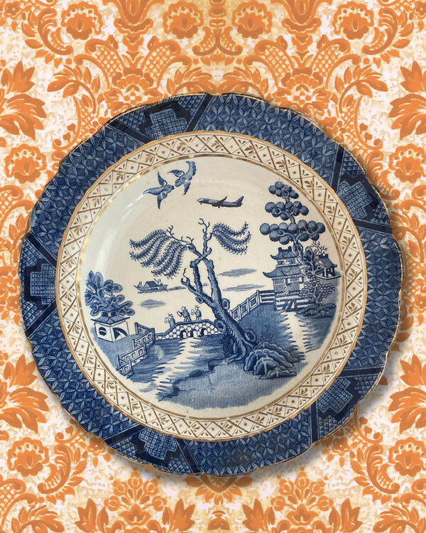 Vintage Willow Pattern plate with Jet2 plane