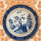 Vintage Willow Pattern plate with Ryan Air plane