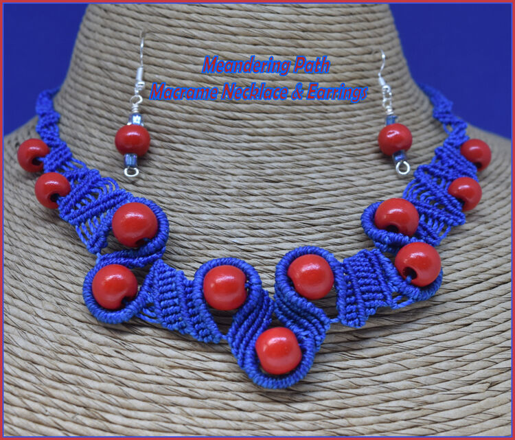 Meandering Path Macrame Blue & Red Necklace & Earrings