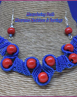 Meandering Path - Blue & Red Macrame Necklace & Earrings Meandering Path Macrame Blue & Red Necklace & Earrings