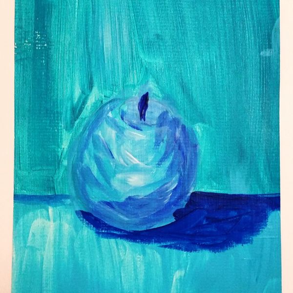 Blue Fruit is Best series APPLE 1OF6 $50.00 EACH OR $250.00 FOR ENTIRE SET. COMES IN 12"X16" MATT BOARD FRAME WITH BACKING BOARD IN CELLOPHANE SLEEVE.