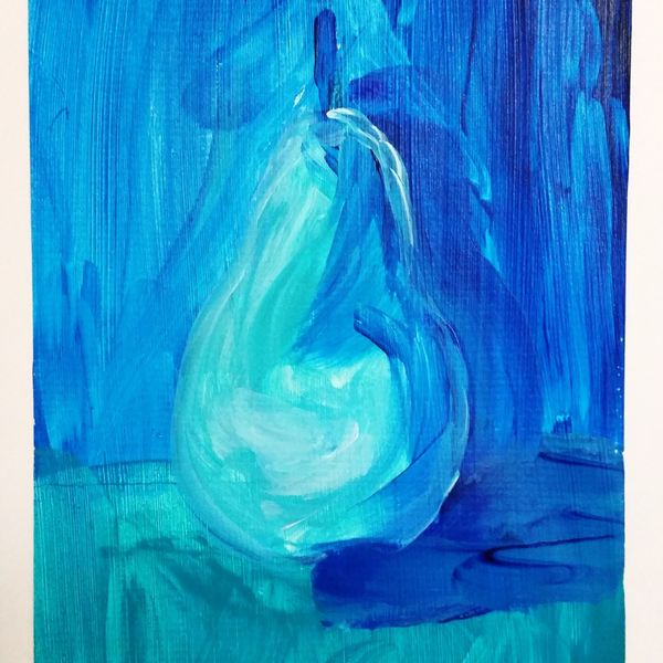 Blue Fruit is Best series PEAR 2OF6 $50.00 EACH OR $250 FOR ENTIRE SET OF 6. COMES IN 16"X12" MATT BOARD FRAME AND BACKING BOARD IN CELLOPHANE SLEEVE WITH A4 OPENING