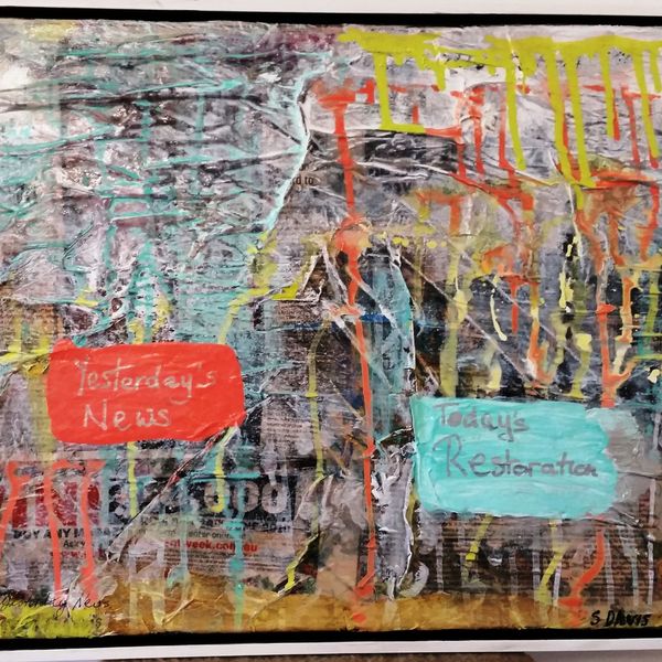 YESTERDAY'S NEWS 50cm x 40cm Acrylic Mixed Media includes white float frame $250.00