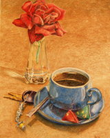A Rose with my coffee, Helen Ainsworth, Derwent colour pencils.