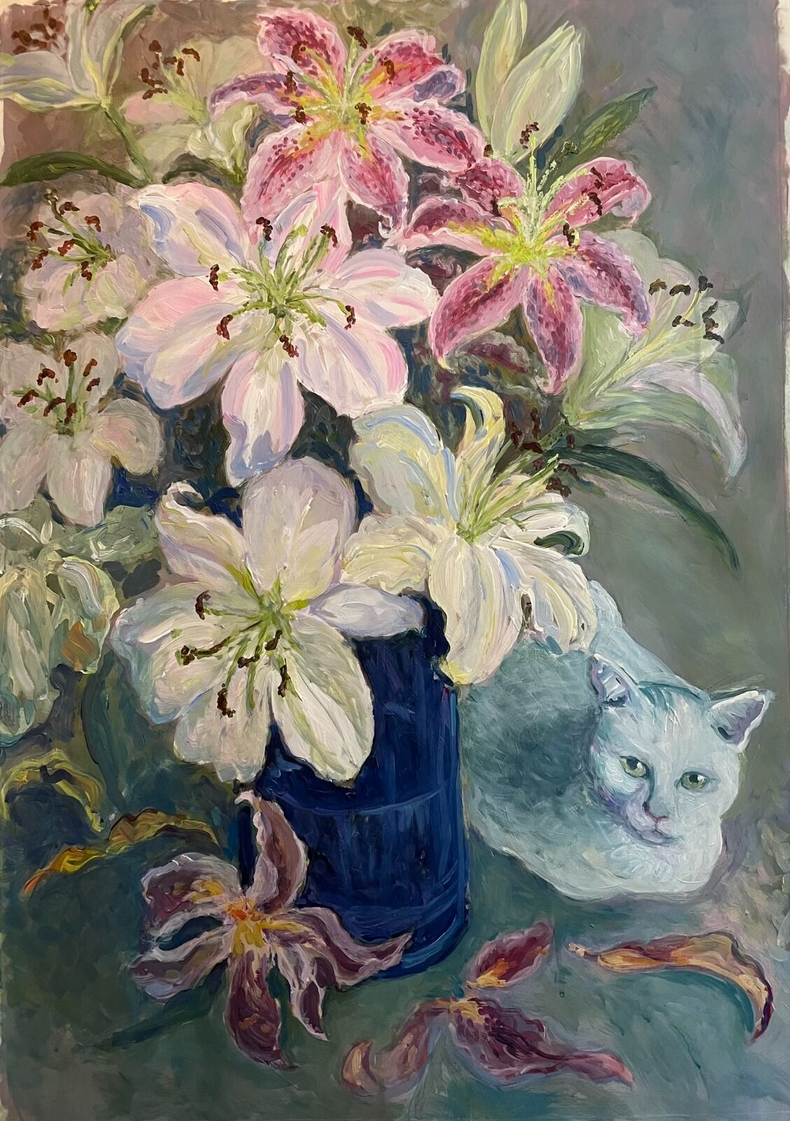 0132 Lillies in a Blue Vase, and Bertie