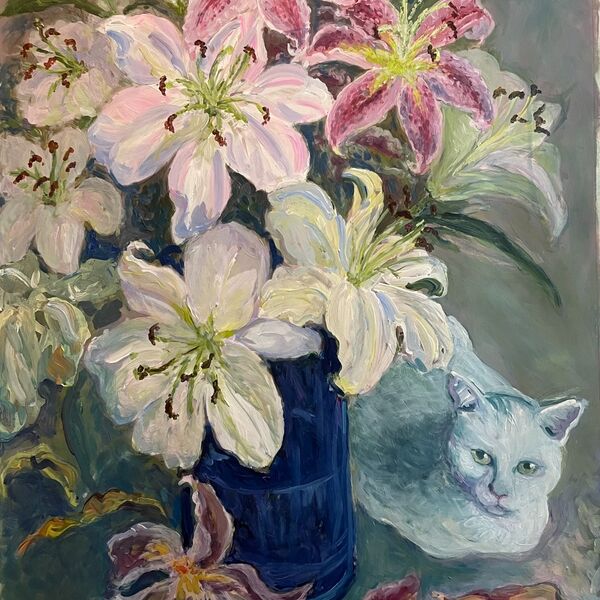0132 Lillies in a Blue Vase, and Bertie