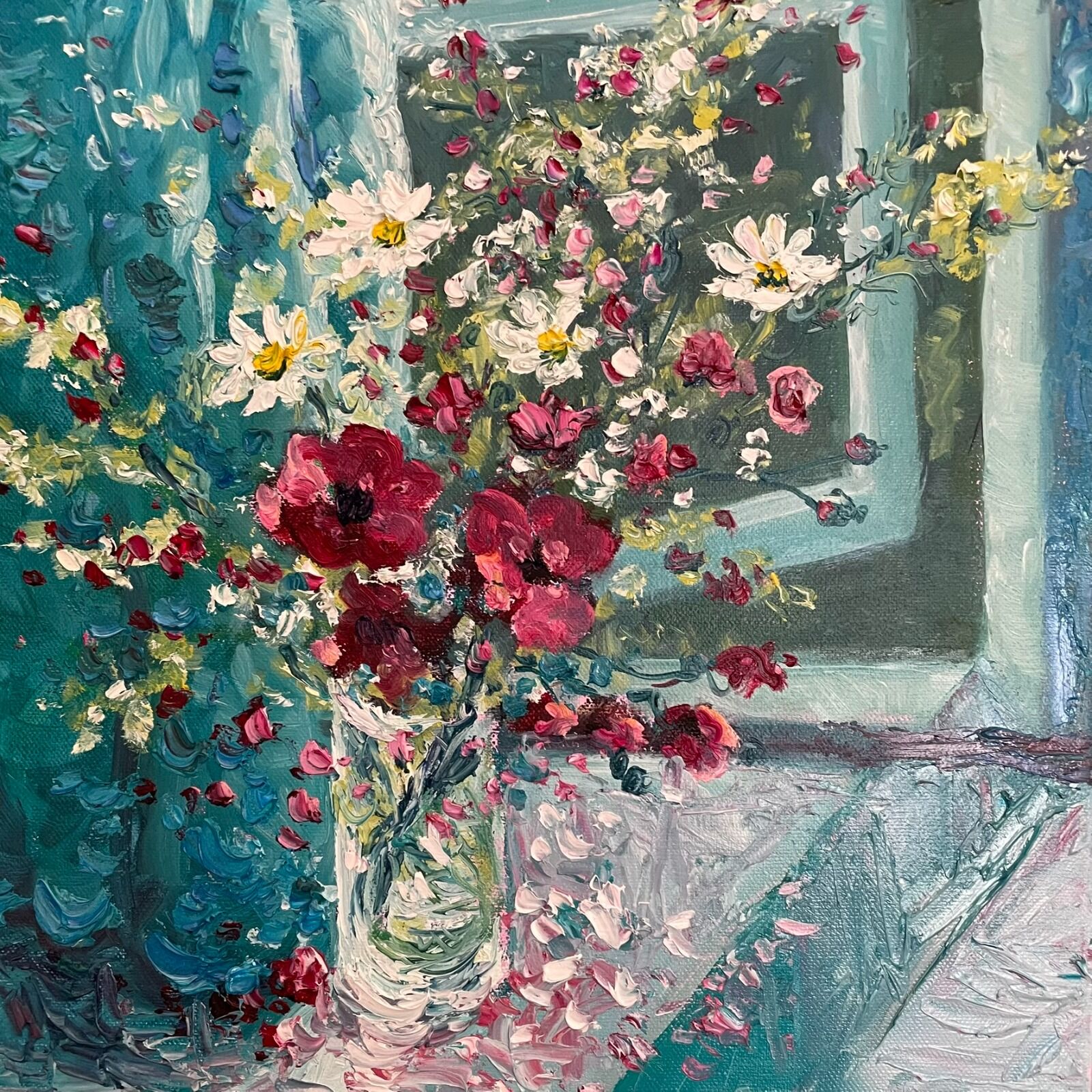 0145 Flowers on a Window Sill, in Turquoise