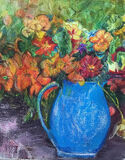 nasturtiums in a blue pot by kim desmond (oil pastel)