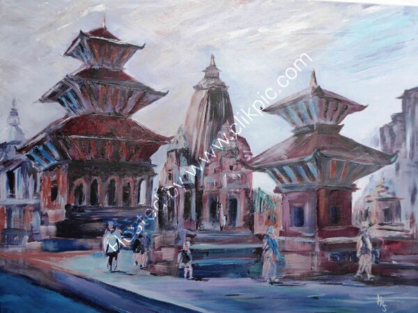 Evening in Patan Durbar Square  acrylic on board in thin black frame 40 x 30 cm POA