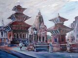 Evening in Patan Durbar Square  acrylic on board in thin black frame 40 x 30 cm POA