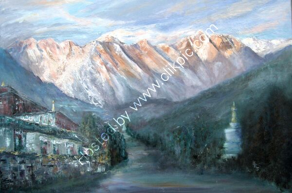 Mount Everest Monastery oil on cradled board 90 x 60 x 5cm with frame £450