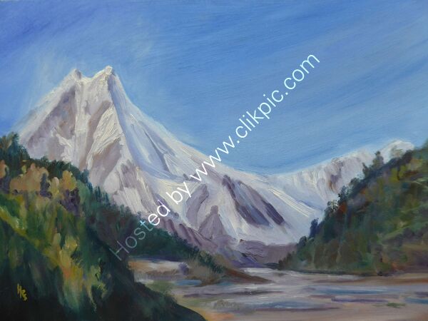 Mount Manaslu, near Lho  oil on board 40 x 30cm in black frame £150