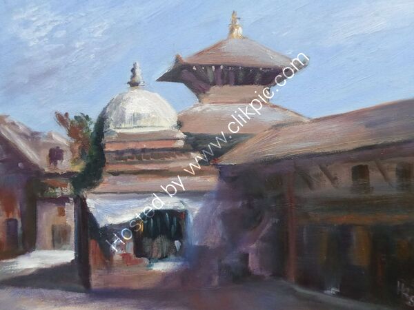 Patan Durbar Square Bead Market   oil on cradled board 35 x  28 x 2cm £130