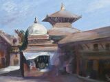 Patan Durbar Square Bead Market   oil on cradled board 35 x  28 x 2cm £130