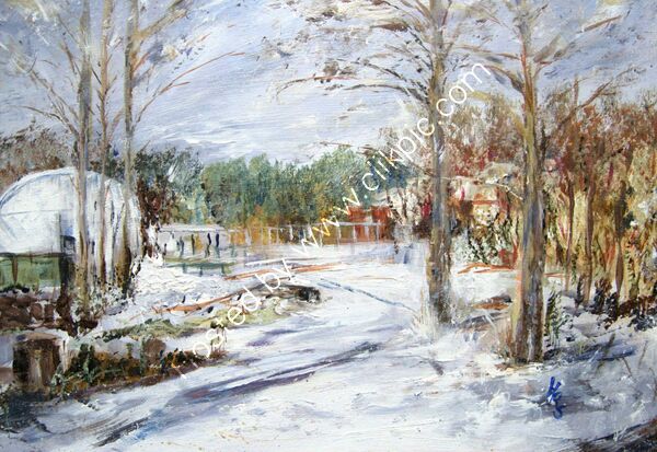 SNOWFALL, COMMUNITY GARDENS PENISTONE acrylic on cradled board 35 x 28 x 2 cm £125