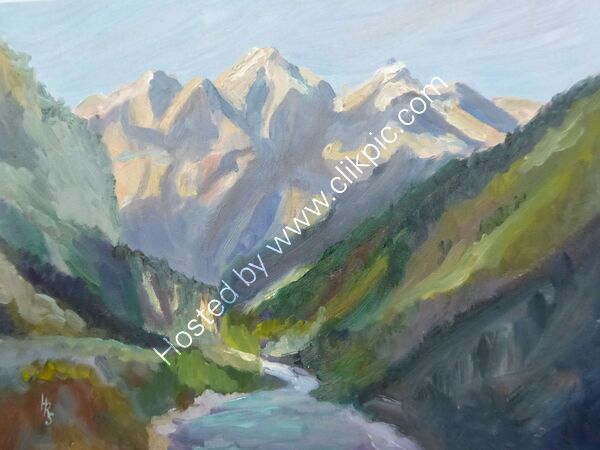Shringi Himal and Buddhi Gandaki River  oil on board 40 x 30cm unframed £95