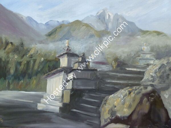 Start of the Everest Trek, Lukla Oil  14 x 11in framed £140