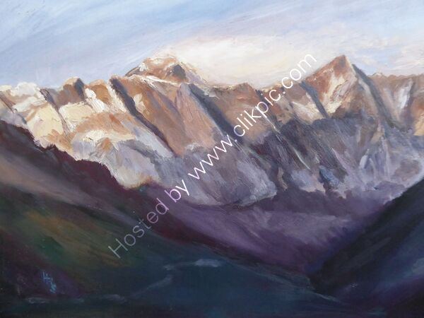 Sunset over Everest, Lhotse and Nuptse oil on cradled board 45 x 30 x 2cm POA